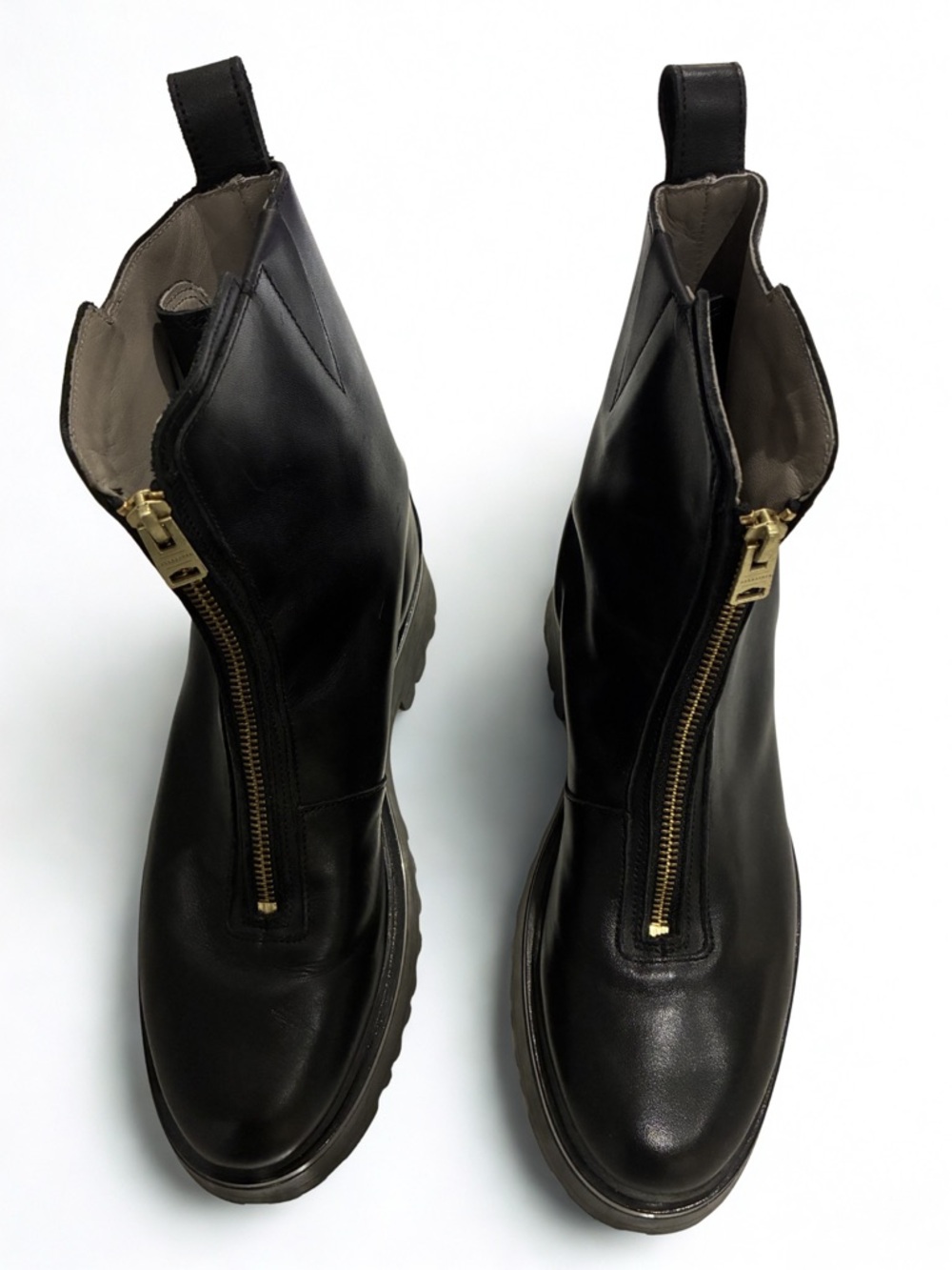 All Saints Black Leather Ankle Boots with Gold Zippers